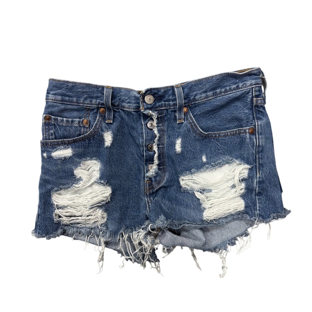 Levi's Denim Shorts 27 501 High Rise Medium Wash Distressed Button Fly Cut Offs